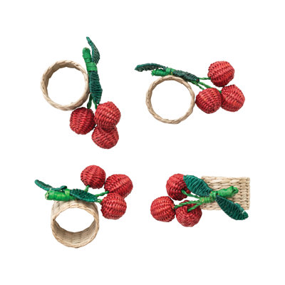 Rond de serviette tissé en cerisier, rouge, vert et naturel, ensemble de 4