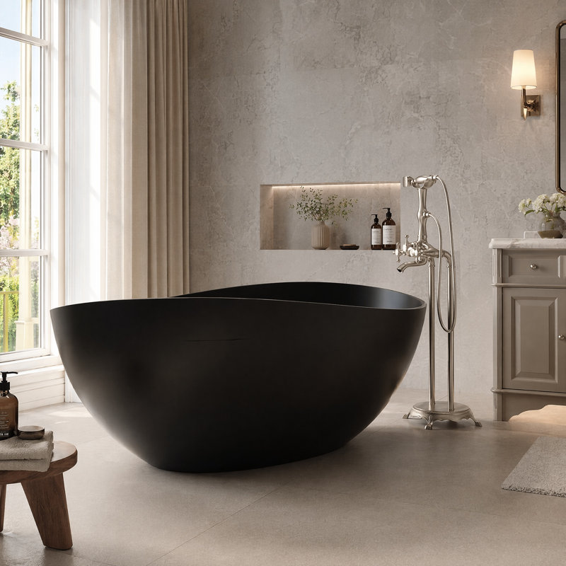 63-in Solid Surface Freestanding Soaking Bathtub with Drain, Modern Wave-Shape Tub with Ergonomic Backrest, Black/White (TL1030-63MB)