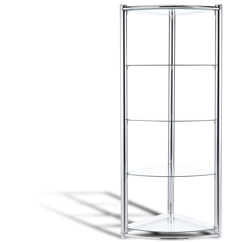 Tablette de présentation moderne en verre trempé et cadre moderne, 5 tablettes verticales pour mettre en valeur des biens précieux dans le salon principal, conception à dos ouvert, tablette de cadre de couleur argentée