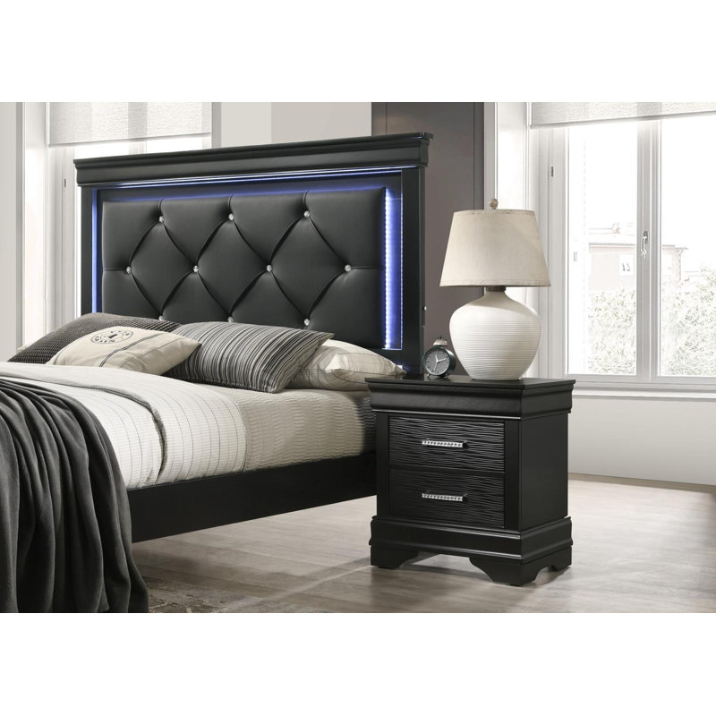 Cadre de lit simple - Commode - Miroir - Commode - Table de chevet, Lustre noir, Lit simple