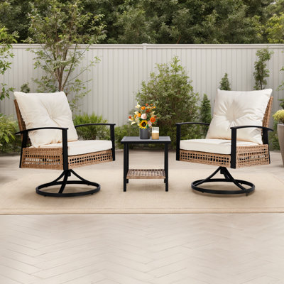 Patio 3-Piece All Weather Wicker Swivel Rocking Bistro Set With Cushions