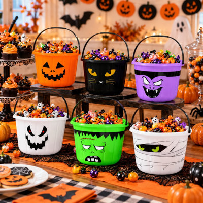 6-Piece Halloween Plastic Candy Bucket Set with Assorted Character Designs