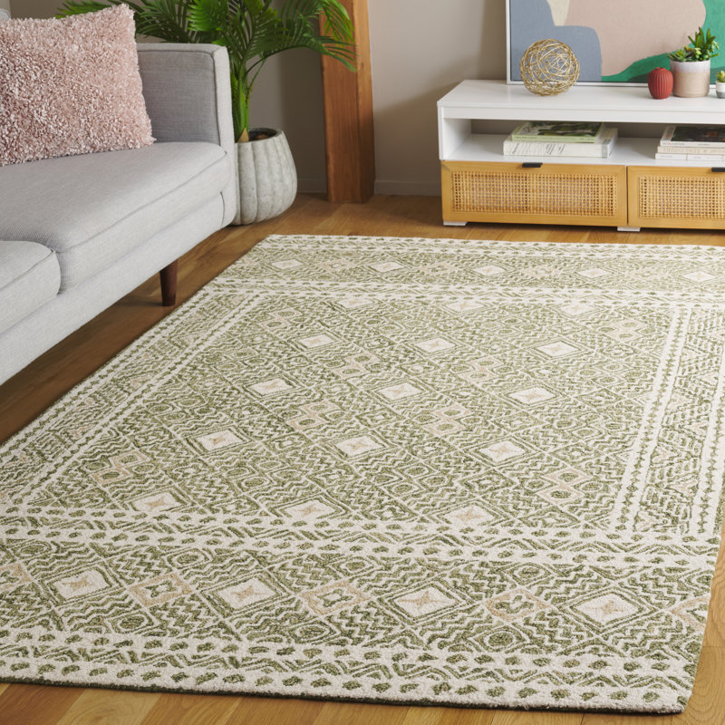 Tapis en laine / coton touffeté à la main Decklen en ivoire / vert, Rectangle de 5 pi x 8 pi