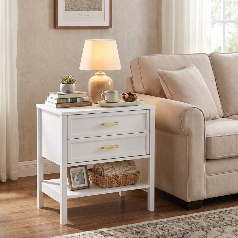 Table de chevet 2 tiroirs Elora, table de chevet avec tiroirs de rangement, table de chevet pour chambre à coucher, table de bout ou table d'appoint pour le salon, P 15,5 po x l 23,6 po x H 24,2 po, blanc