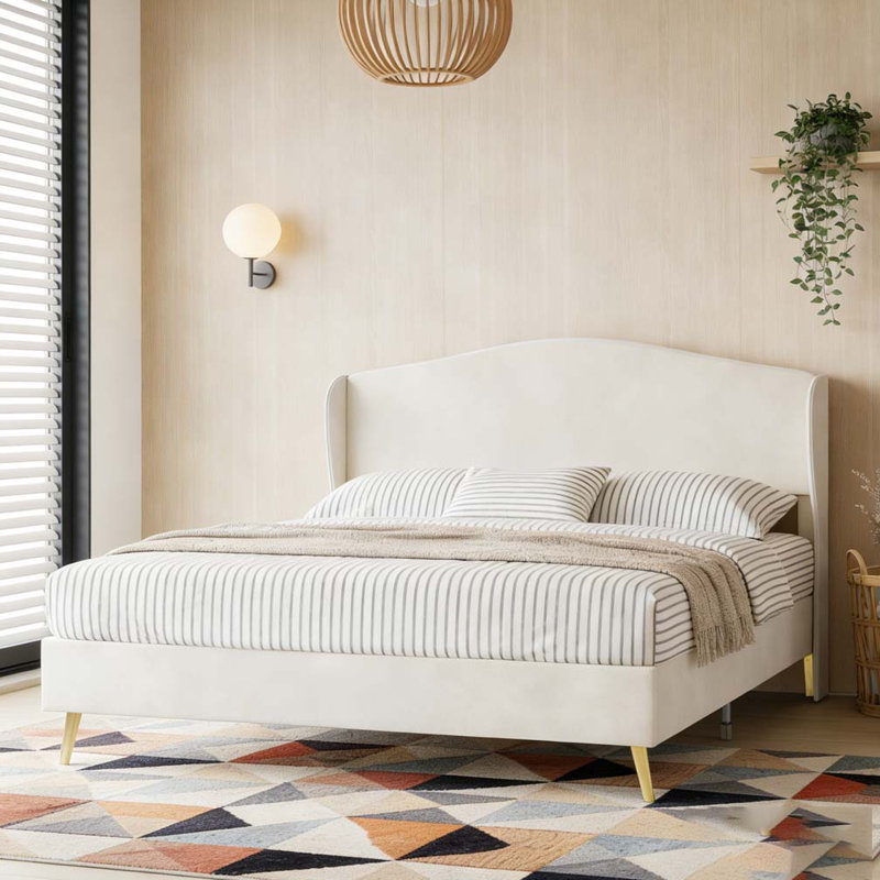 Lit tapissier en velours, Beige, Grand lit