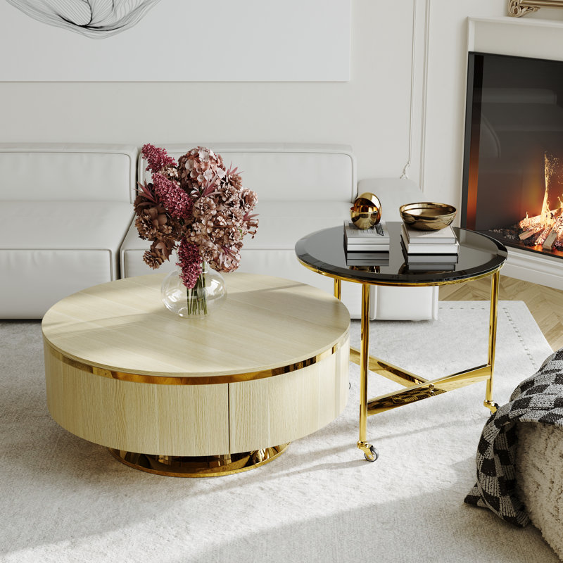 Table basse ronde , Bois jaune clair, Doré
