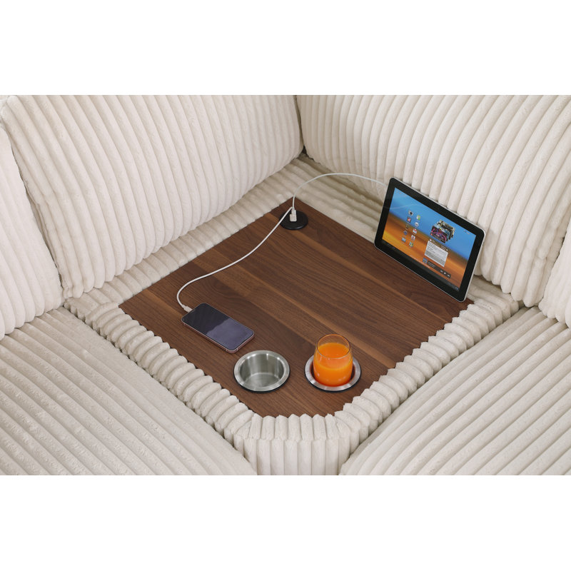 Phalangere Corner Sectional Sofa With Table Cupholder Console And Ottoman, Beige Polyester