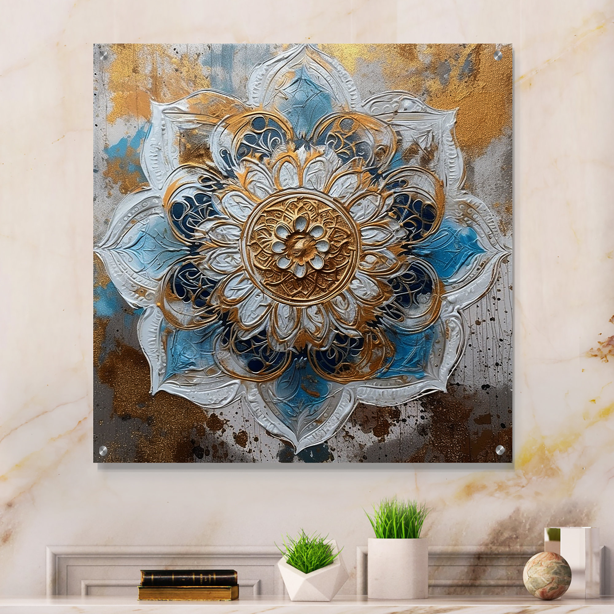 Bungalow Rose Blue And Gold Mandala I - Boho Mandala Acrylic Wall Art ...