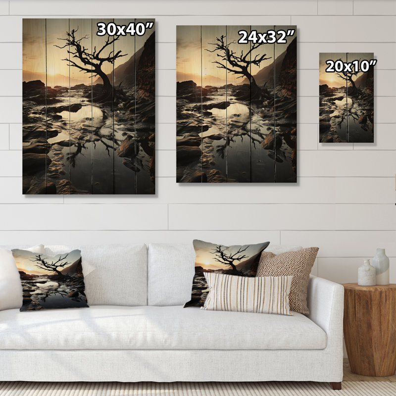 Plage, paysage, arbre, impression sur bois, H 20 po x l 10 po x P 0,78 po