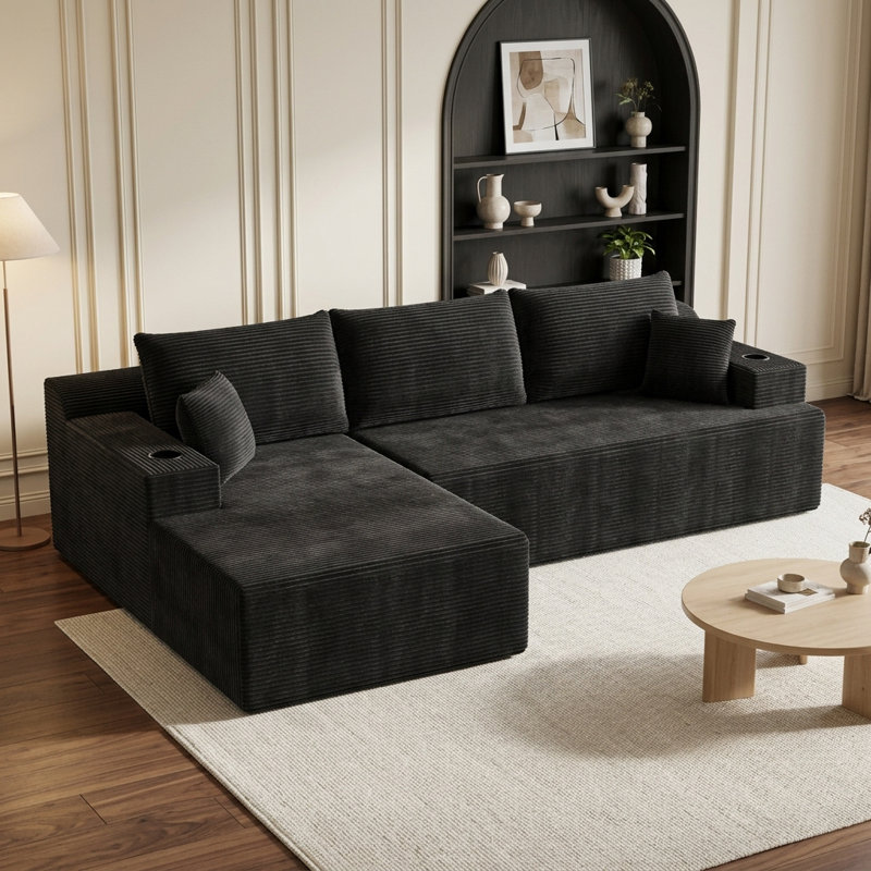 Boneless 105'' Modular Sectional Sofa With Chaise, L Shaped Couch With Cup Holders, 2-Piece Cloud Couch With Deep Seat, Upholstered Corduroy Boneless Couch For Living Room, No Assembly Required,