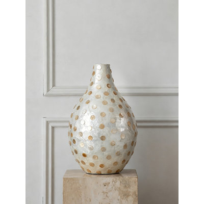 Handmade Neutral Shell Mosaic Vase Ivory Mother Of Pearl Accent Vase For Living Room Entryway Shelf Decor