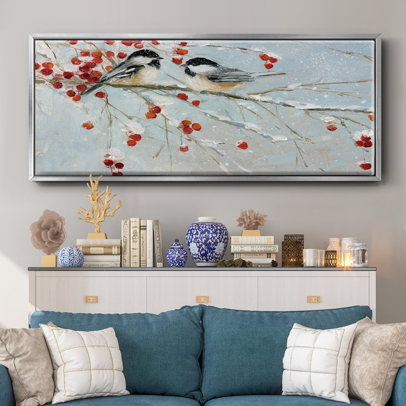 Chickadees in Winter- Framed Canvas, 12" H x 30" W
