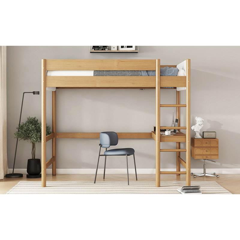 Lit mezzanine simple naturel avec bureau et espace de vie confortable - Esthétique de chambre à coucher rembourrée