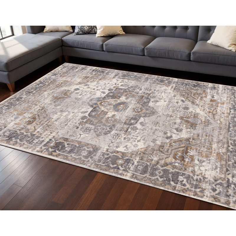 Tapis médaillon ivoire et brun 8 pi x 11 pi