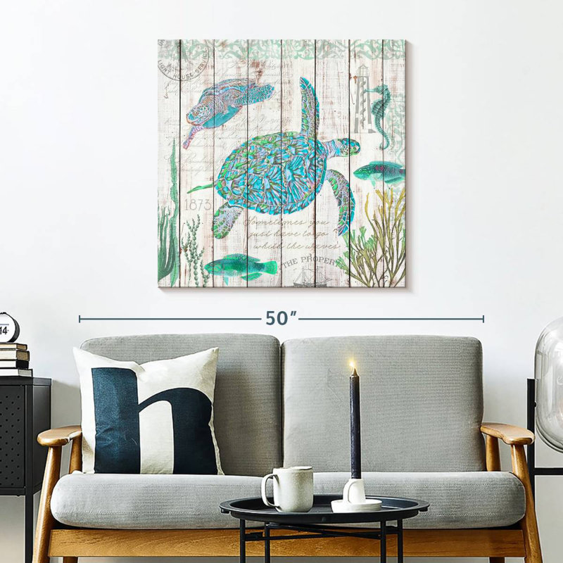 Brampt Sea Turtles On Driftwood Panel, 30" H x 30" W