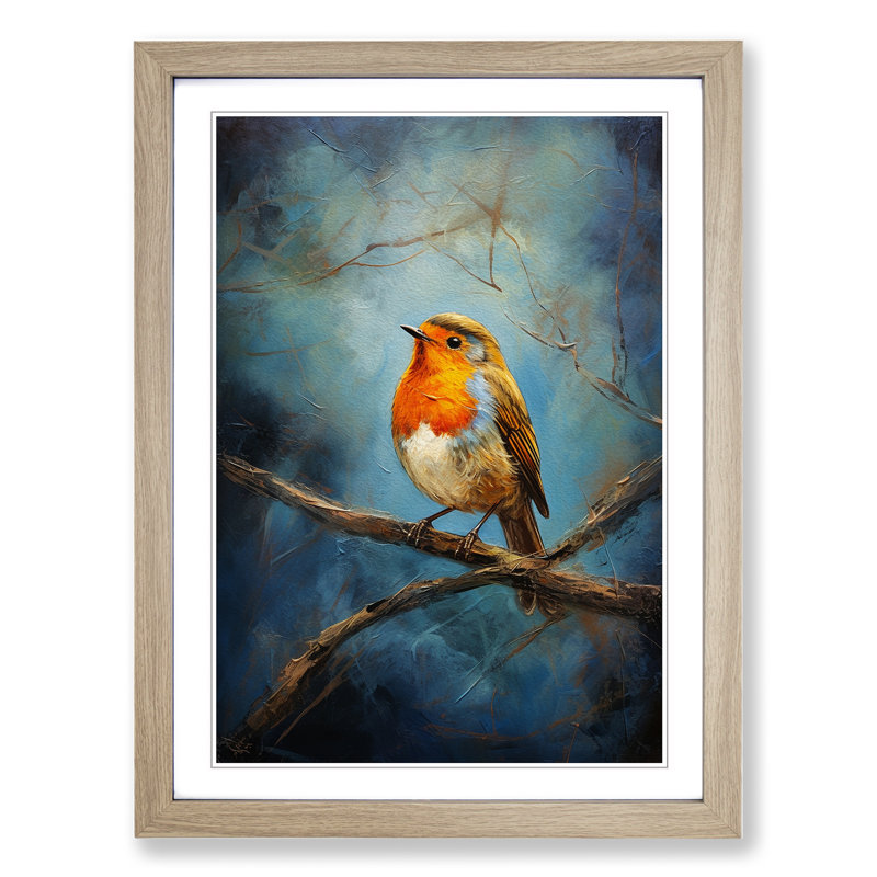 Robin Bird Expressionism No.2 - Single Picture Frame Print on Wood, Oak, 46cm H x 34cm W x 2cm D