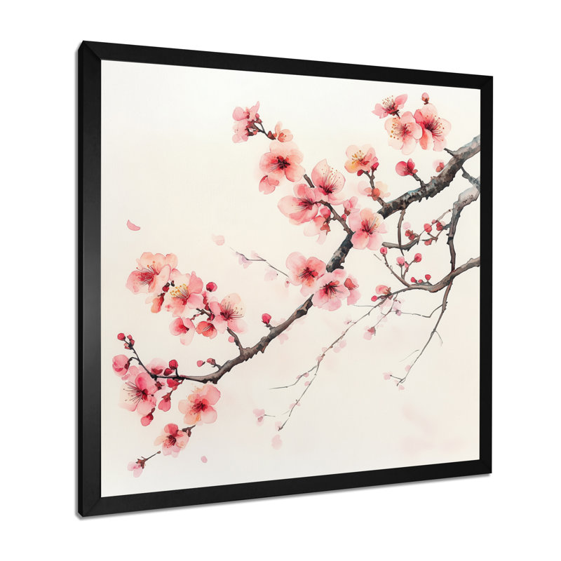 Branche de cerisier en fleurs roses - Tableau encadré, H 36 po x l 36 po, Cadre photo noir