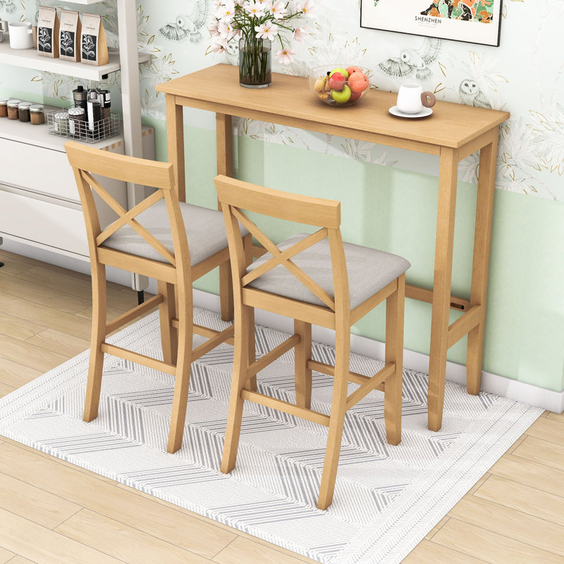 Ensemble de salle à manger 3 pièces à hauteur de bar rectangulaire en bois avec chaises rembourrées, Naturel