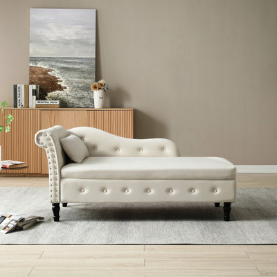 Chaise longue 60 po en velours beige 2 en 1 avec boutons, pieds en bois massif et coussin pour chambre à coucher, bureau, salon, garniture cloutée multifonctionnelle