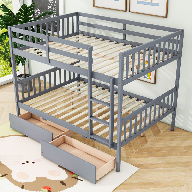 Wood Bunk Bed With 2 Drawers, Gray, Full Over Full