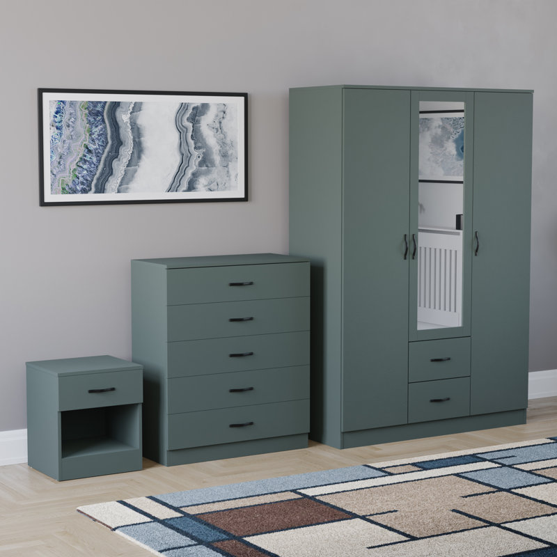 Maybery 3 Piece Bedroom Set (1 Drawer Bedside Chest, 5 Drawer Chest, 3 Door 2 Drawer Mirrored Wardrobe), (5), Green