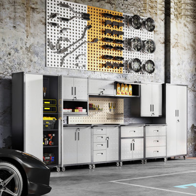 10-Piece Heavy Duty Steel Garage Storage Cabinet System | Complete Workshop Organization Set with Rolling Tool Cabinets & Lockable Wall Units | Adjustable Shelving Garage Storage