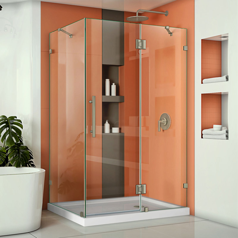 Quatra Lux 46.38" x 72" Hinged Frameless Shower Door with Clear Max Technology, Brushed Nickel