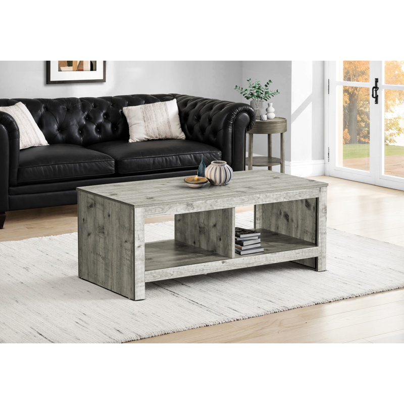 Table basse rectangulaire, transitionnelle de 44 po, stratifié gris, salon accueillant, espaces de rangement inférieurs, espace de montage facile, tablettes intégrées, assemblage sans effort