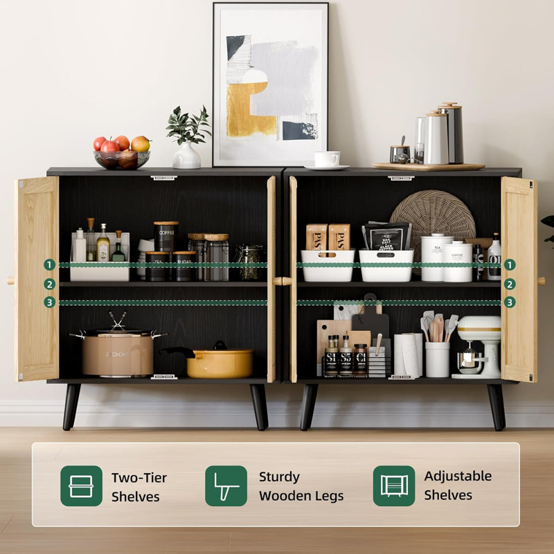 Ensemble de 2 armoires buffet en rotin, armoires décoratives élégantes avec tablettes et portes réglables, idéales pour le rangement dans la cuisine et l'entrée, noir