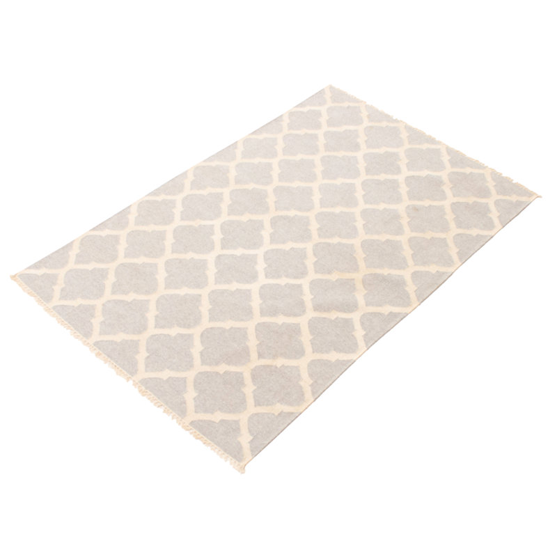 Tapis géométrique ivoire / gris clair en laine tissé à plat à la main Abraxas