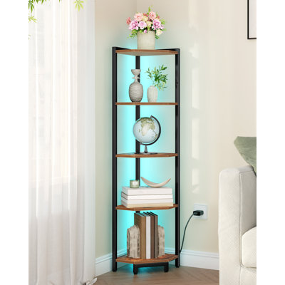 Corner Shelf with LED Light, 5-Tier Corner Bookshelf, Tall Narrow Display Bookcase with Metal Frame, Standing Shelf for Small Space, Living Room, Home Office, Bedroom, Rustic Brown