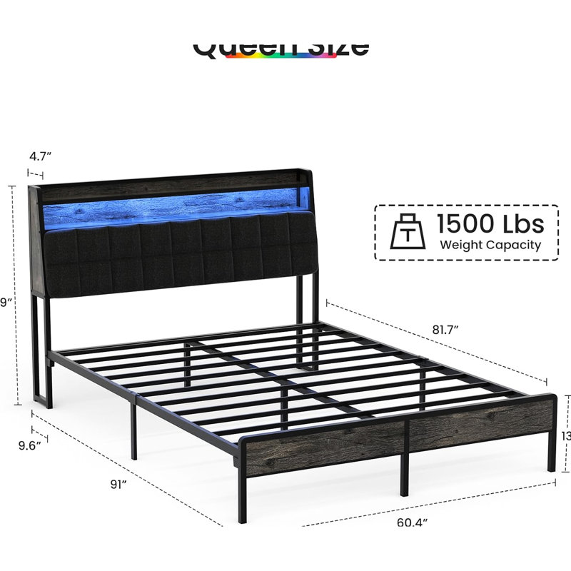 Structure de lit grand noir en métal avec dossier ergonomique - tête de lit adoucissante, ensemble d'éclairage à DEL, solutions de relaxation et de rangement
