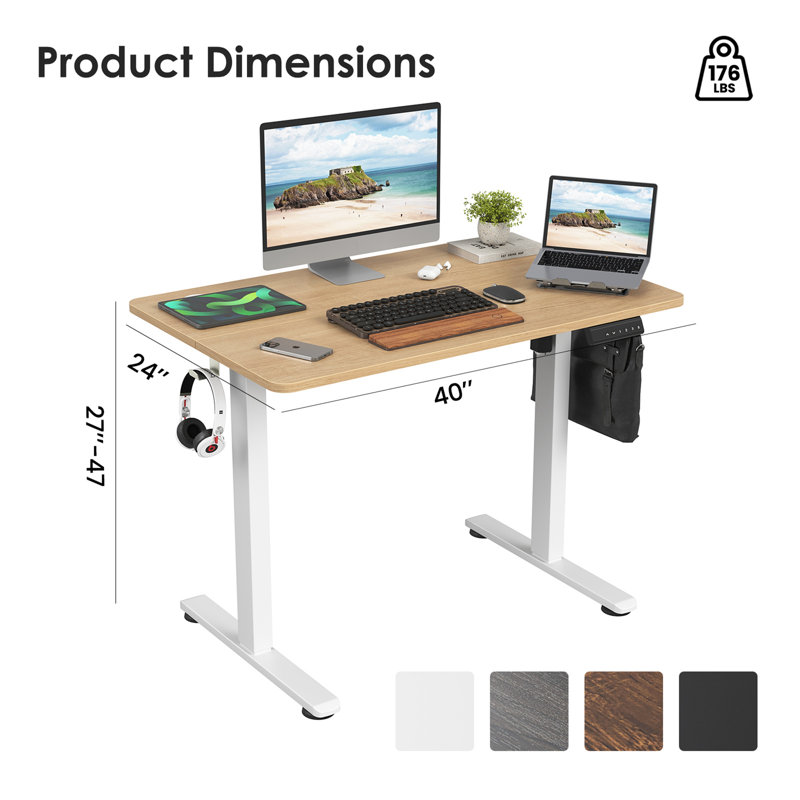 Bureau de travail électrique à hauteur réglable, Blanc / Naturel
