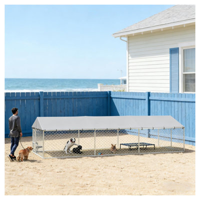 Large Outdoor Dog Kennel with Steel Frame and Polyethylene Cover, Silver, 20' x 7.5' x 5'