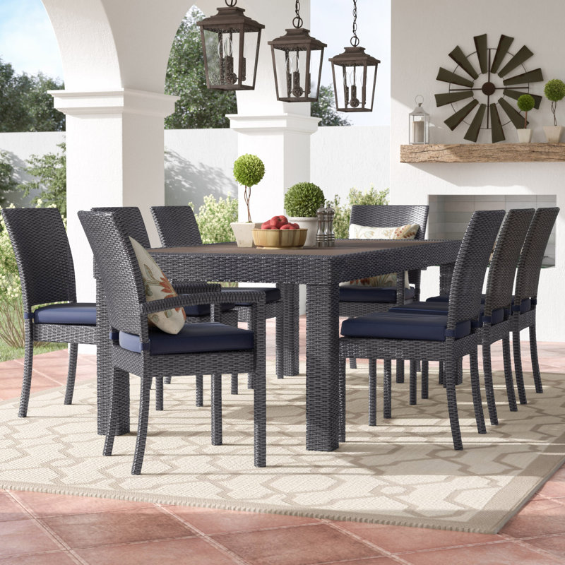 Cannes 9 Piece Dining Set with Cushions, Brown/Black Frame/Navy Twill Cushion
