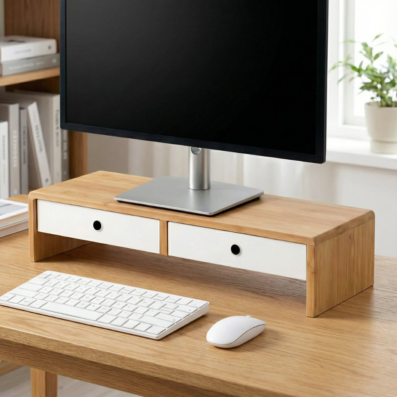 Support pour écran d'ordinateur avec bureau et 2 tiroirs de rangement en bambou naturel Ostos, White/Wood