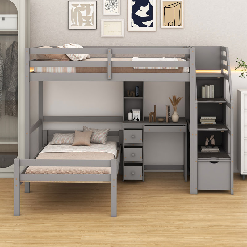 Lit mezzanine avec lit autonome, escalier de rangement, bureau, tablettes et tiroirs, Gris