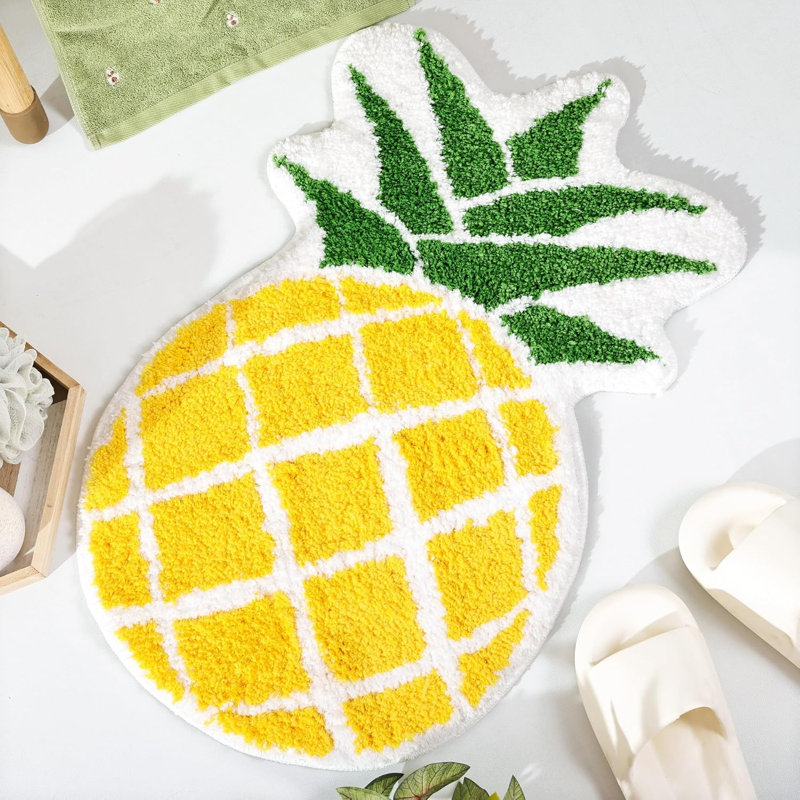  Pineapple Bath Mat, Non Slip Washable Bathroom Mats, Fun Cartoon Pineapple Bathroom Decor, Fruit Shaped Absorbent Bathtub Rug Plush Shower Rugs