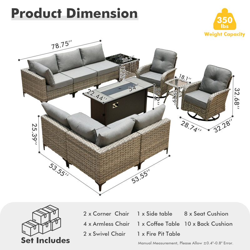 10 Piece Patio Furniture With Fire Pit Table, Outdoor Rattan Wicker Conversation Set With Glowing Coffee Table, Comfy Sectional Sofa Set With Swivel Rocking Chairs For Porch Balcony Backyard Pool