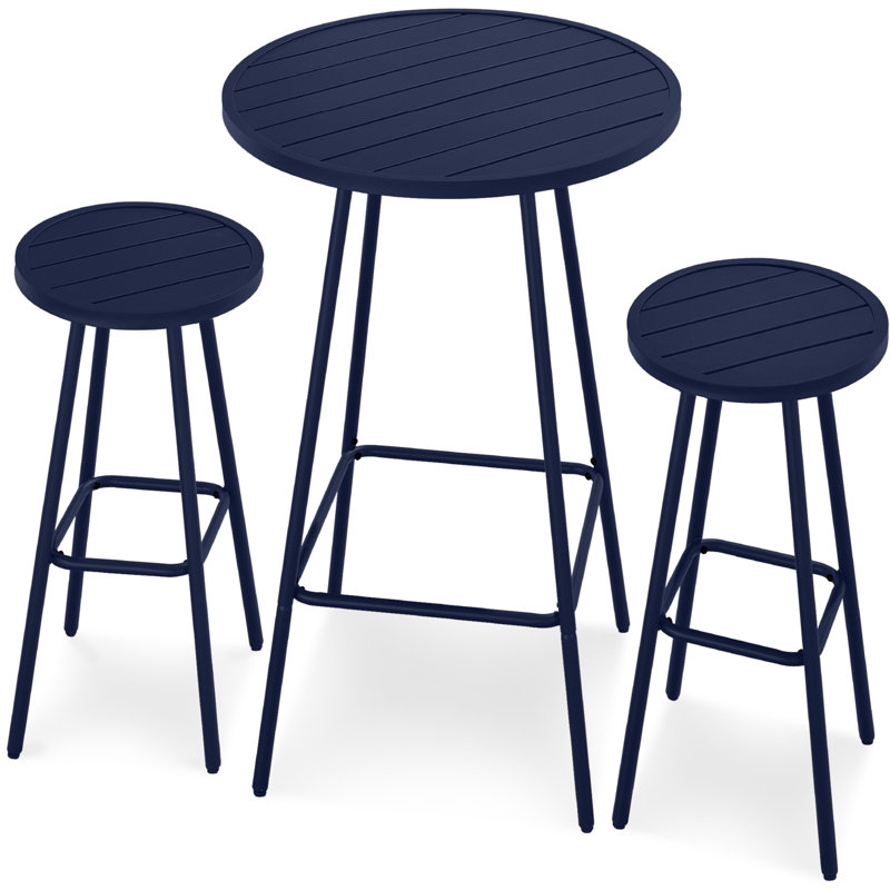 3-Piece Steel Patio Bar Height Round Bistro Set W/ Backless Stools, Slatted Design, Navy