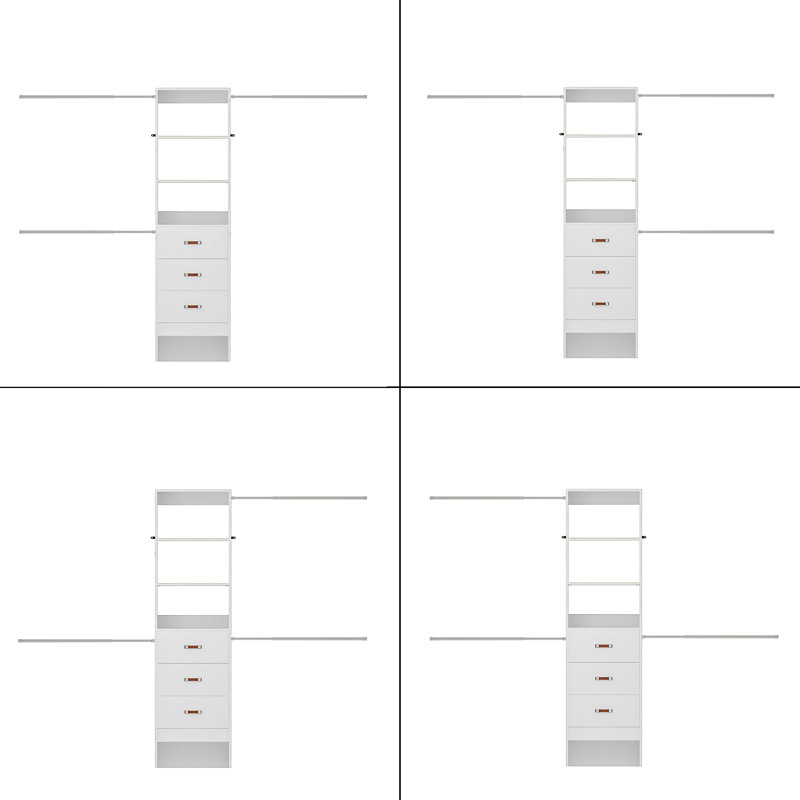 21"-96" Closet System With 3 Drawers And 3 Rods(Can Be Cut To Fit), White