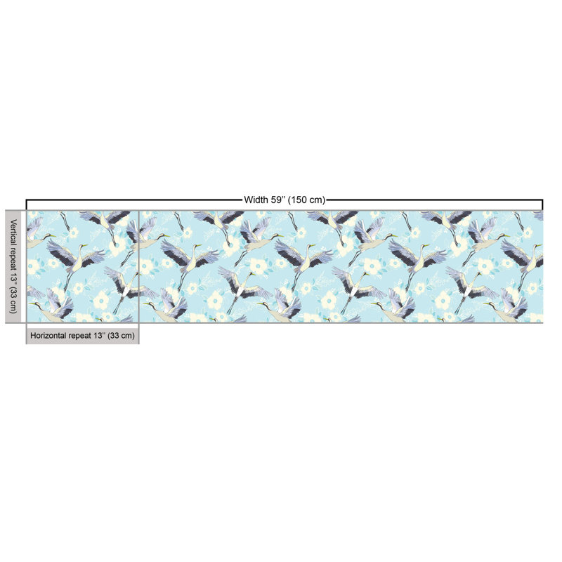 Cheron Repetitive Free Flying Crane Innocent Hand Drawn Flowers Multi-Purpose Fabric