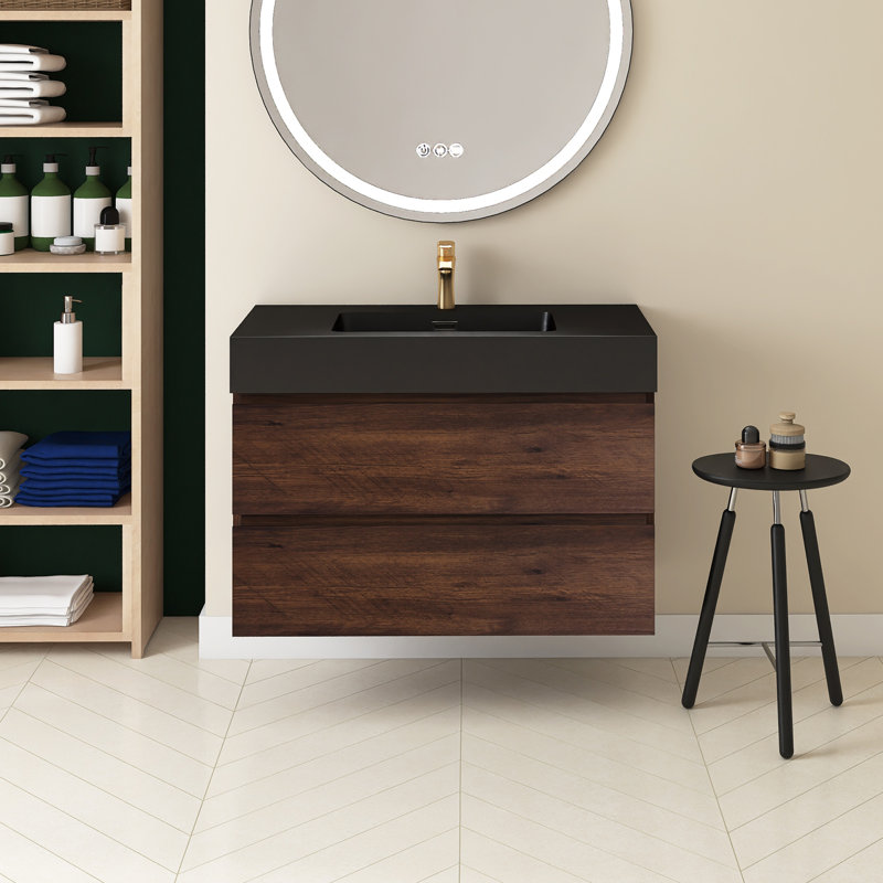 Meuble-lavabo simple 36 po avec plateau Semyah, Noyer, Noir