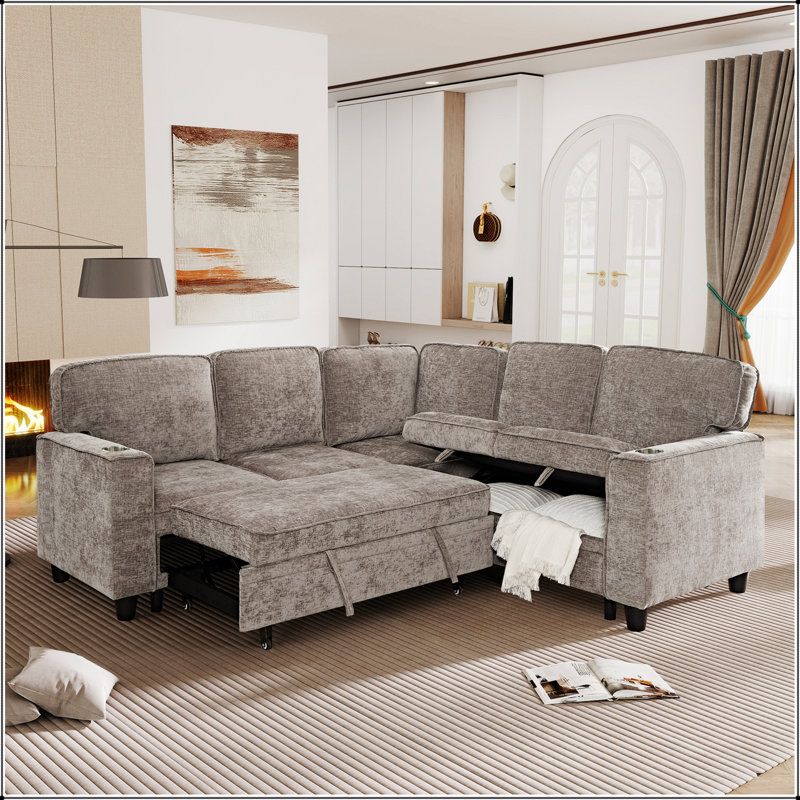 Canapé-lit modulaire en L polyvalent avec lit escamotable et siège de rangement pour espaces de vie modernes, Chenille noir