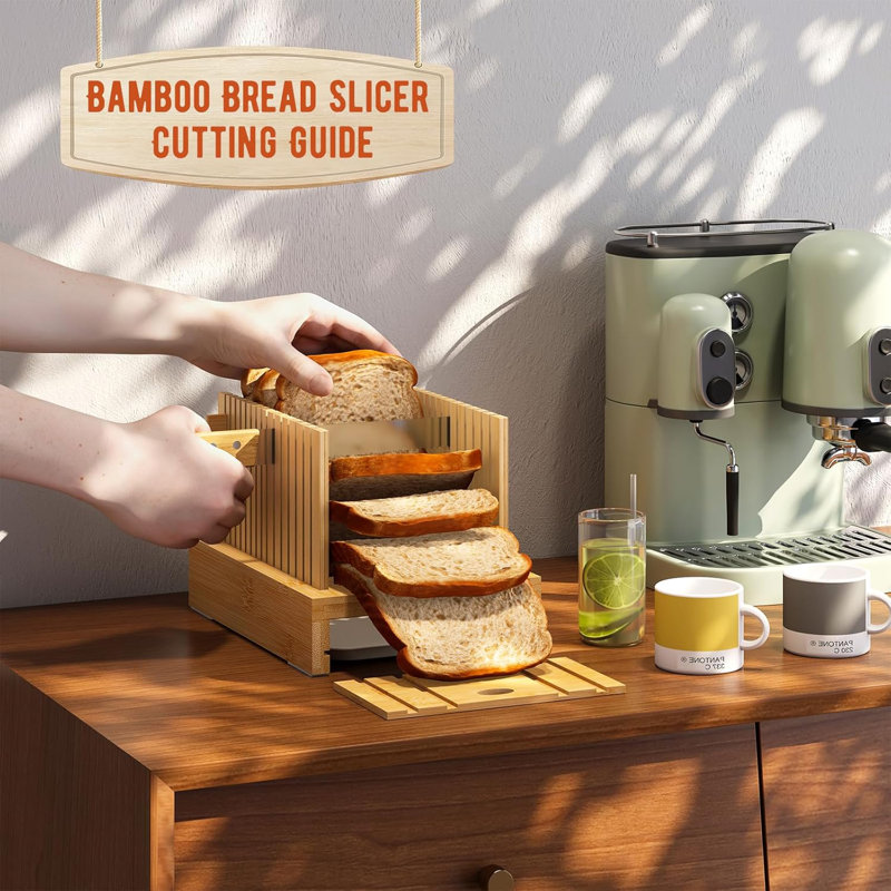 Bamboo Bread Slicer With Adjustable Guide And Tray For Homemade Bread, Cakes, Bagels