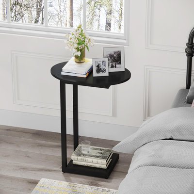 C-Shaped Wood Coffee Table TV Tray for Eating Couch Tables for Small Space