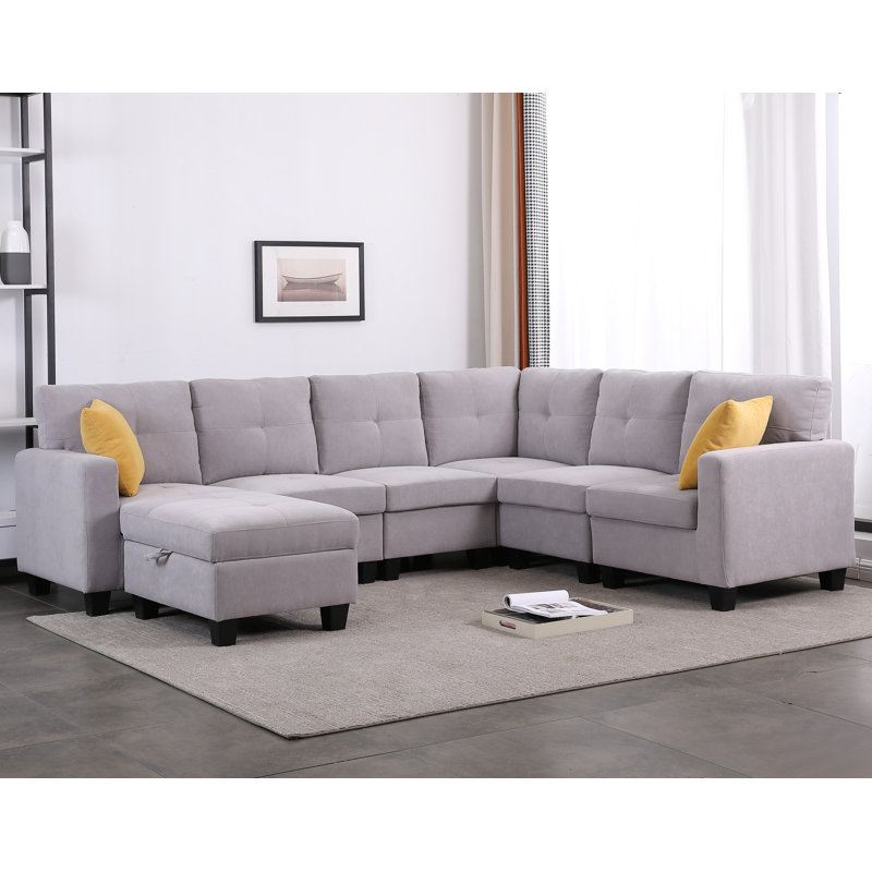 Upholstered L-Shaped Sectional Symmetrical, Light Gray Polyester Blend