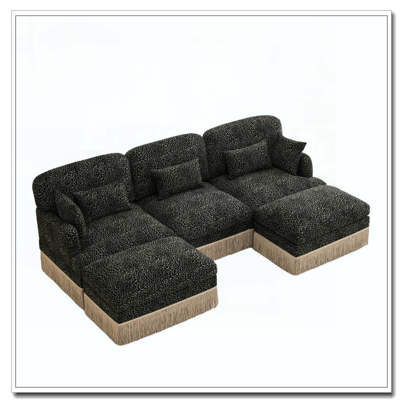 Canapé Comfy Chenille Leopard, Vert + 3 sièges + 2 repose-pieds