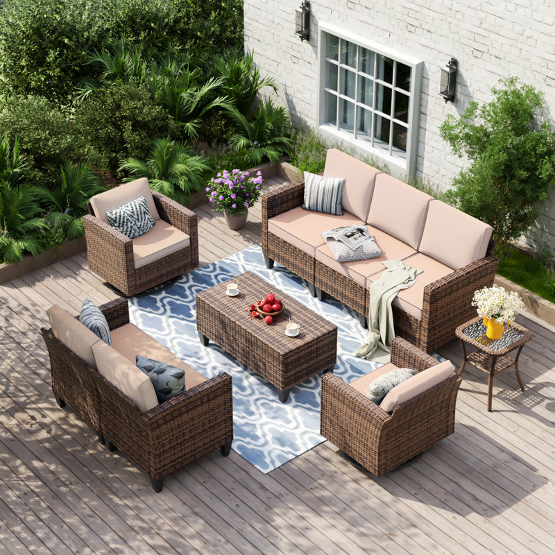 Kisner 7 - Person Outdoor Wicker Sofa Seating Group With Cushions And Table, Beige