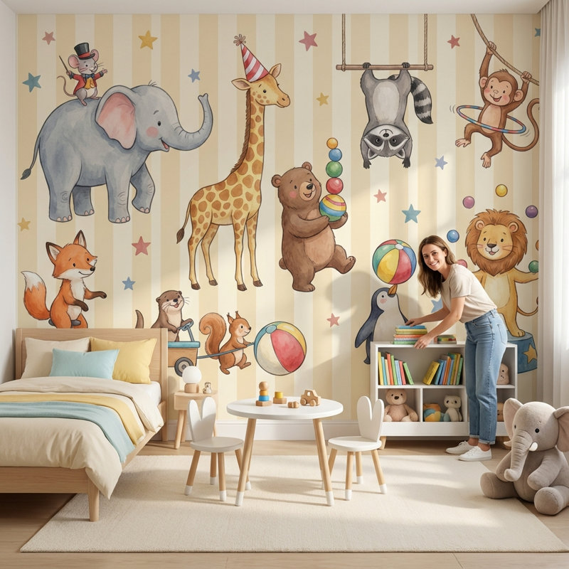 Circus Animals Wallpaper Kids Wallpaper Watercolor Illustration Wall Mural, 160"x108", Non-Woven Nonpasted